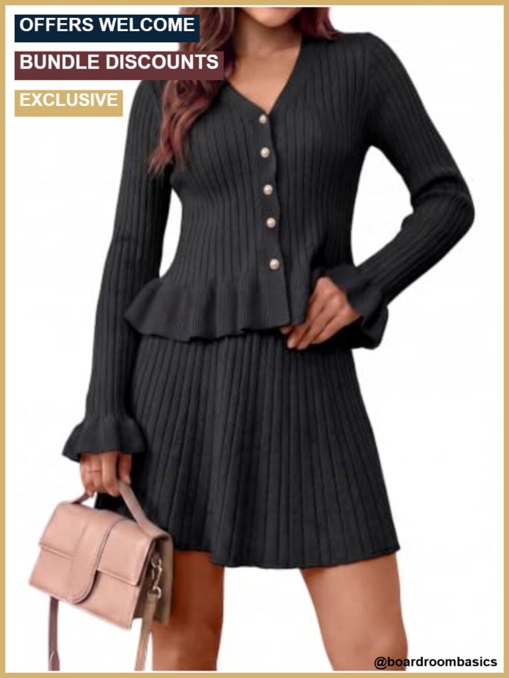 Women's 2 Piece Knit Set V Neck Cardigan & Ruffle Mini Skirt